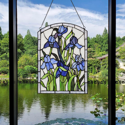 YOURANJU Iris Stained Glass Window Hanging 16" H x 11" W Tiffany Style Blue Rectangular Window Panel Suitable for Living Room Bedroom Kitchen Window Decoration Hangings with Chain