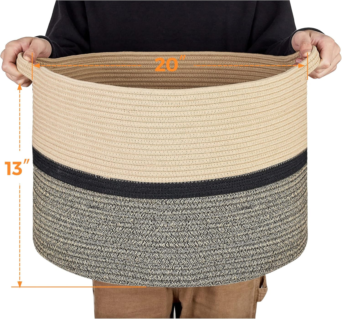 Ravinte Blanket Basket - 20"x 20"x 13" Cotton Rope Basket for Living Room, Baby Toy Storage Basket, Large Woven Laundry Basket (Brown-Black)
