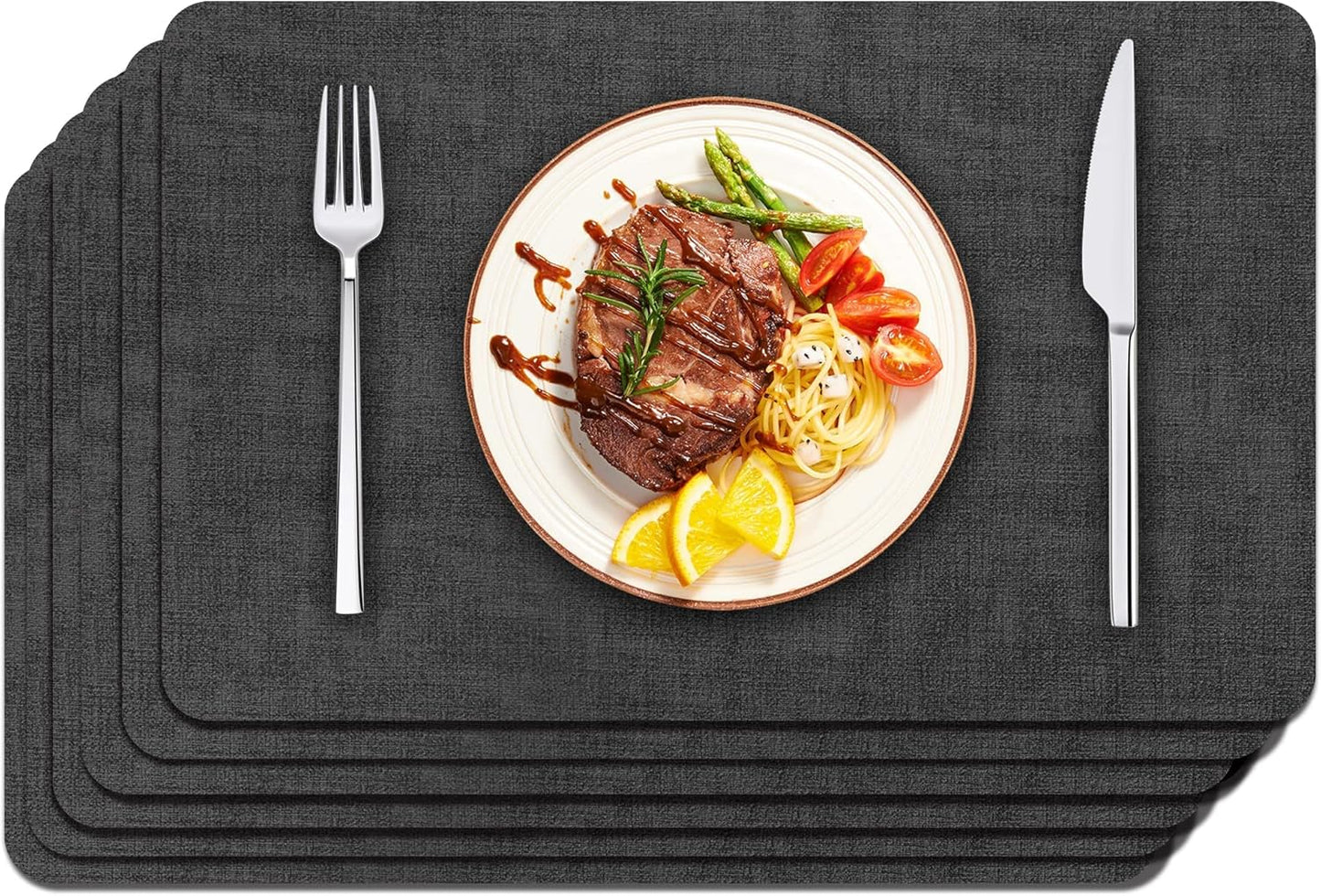 Maxpearl Faux Leather Placemats Set of 6 - Waterproof - Wipe Clean - Heat Resistant - Anti Slip Dining Table Place Mats, Suitable for Indoor & Outdoor Use, 17’’×12’’, Black