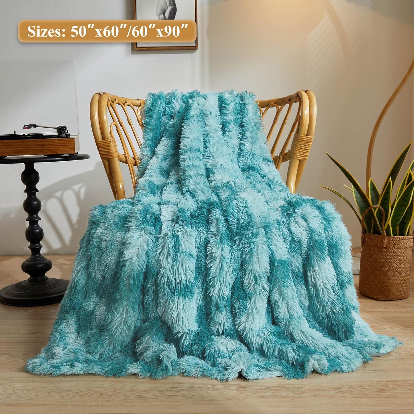 XeGe Luxury Faux Fur Blanket, Tie Dye Teal Soft Fluffy Throw, Shaggy Plush Decorative Couch Blanket, Turquoise Bed Furry Fuzzy Throw for Bedroom Living Room, Tie Dye Teal, 60x90