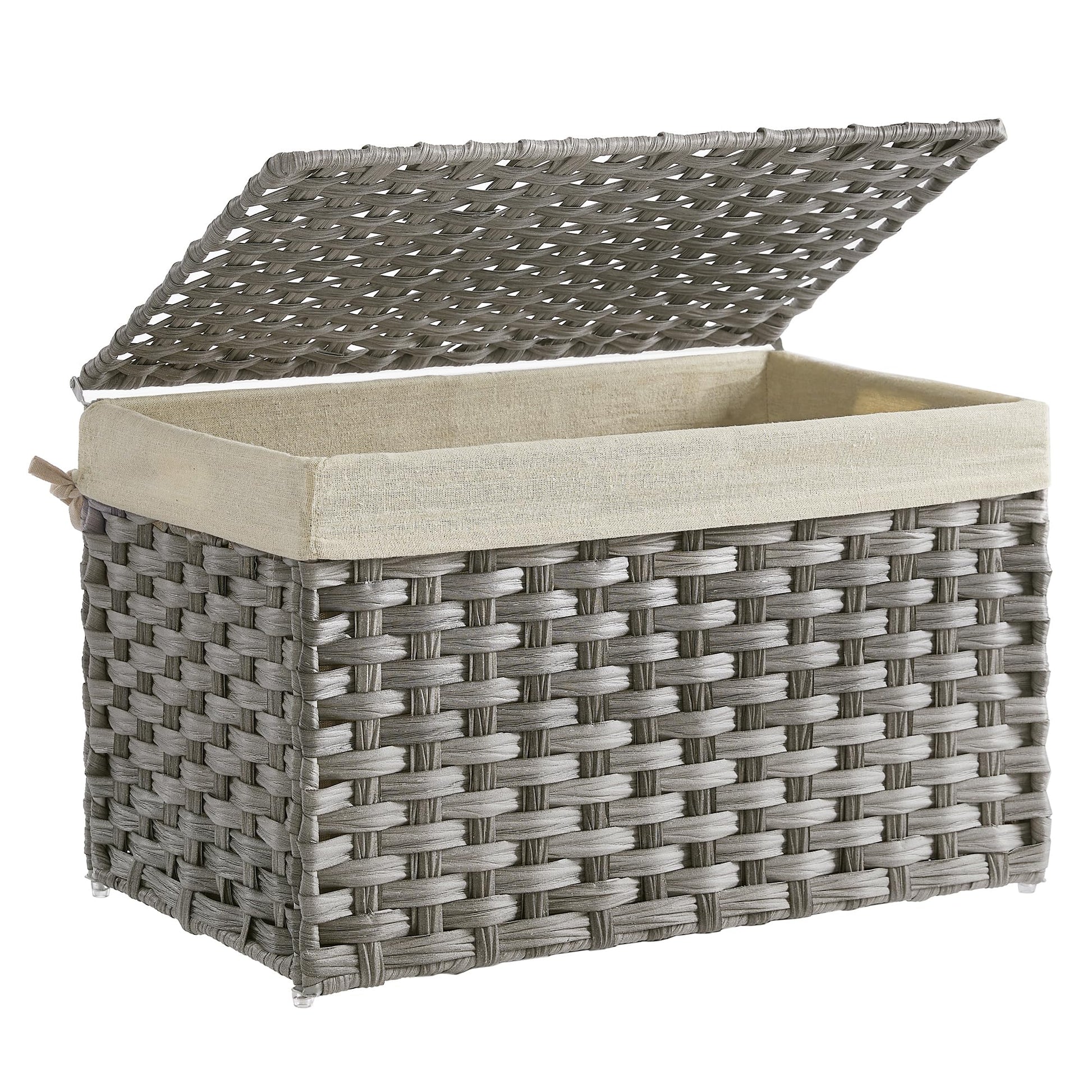 SONGMICS Storage Basket with Lid, Woven Blanket Storage Bin with Handles, Foldable, Removable