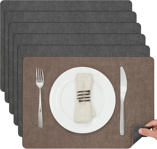 Myir JUN Placemats Dual Sided, Faux Leather Place Mats Set of 6 Indoor Placemat for Dining Table Outdoor Place Mat Square Non-Slip Washable Table Mats (Gray Brown, Set of 6)