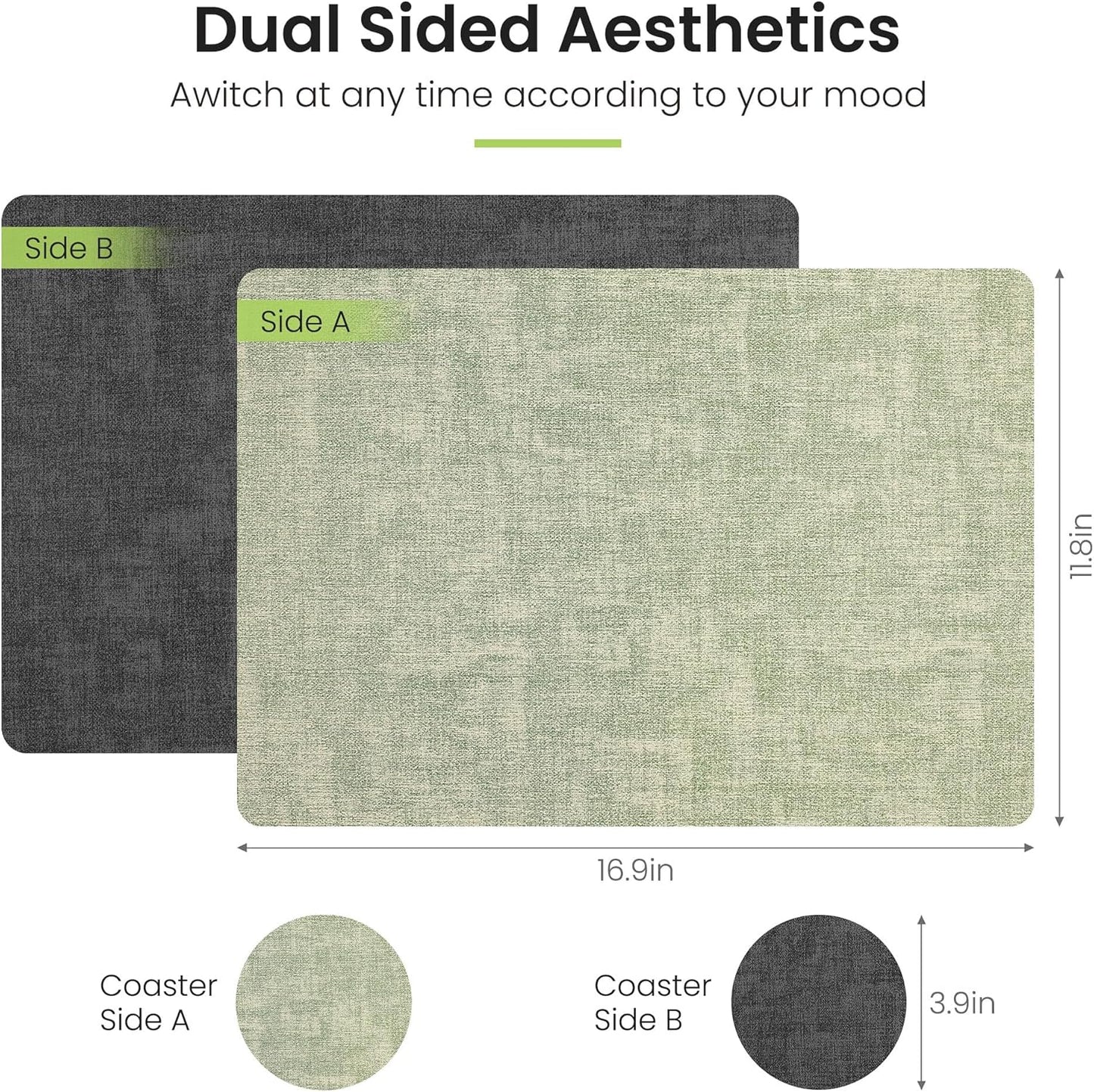 Faux Leather Dual Sided Placemats Set of 6, Square Non-Slip Heat Resistant Placemats with Coaster, Reversible wipeable Waterproof Table Mats for Kitchen, Dining, Outdoor (6, Black Light Green)