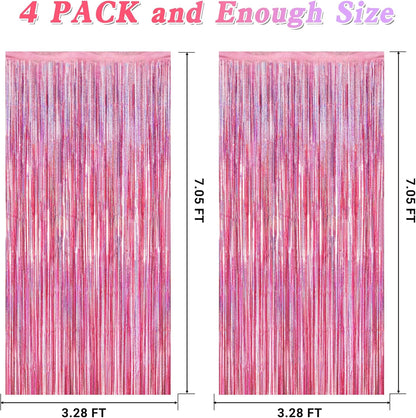 4 Pack Pink Backdrop, 3.28 FT x7.05 FT Foil Fringe Curtains, Metallic Glitter Pink Streamer Fringe Backdrop Foil Curtains, Laser Pink Birthday Party Decorations Bachelorette Decor