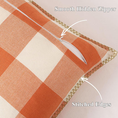decorUhome Fall Orange and White Decorative Throw Pillow Covers 18x18 Set of 2, Buffalo Plaid Check Farmhouse Cushion Covers with Stitched Edge for Autumn Harvest Couch Sofa Bed Home Decor
