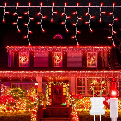YOUNGAR 23FT 200 Icicle Christmas Lights, Waterproof Connectable Twinkle Fairy Lights for Indoor Outdoor Fireplace Wedding Decorations (Red)
