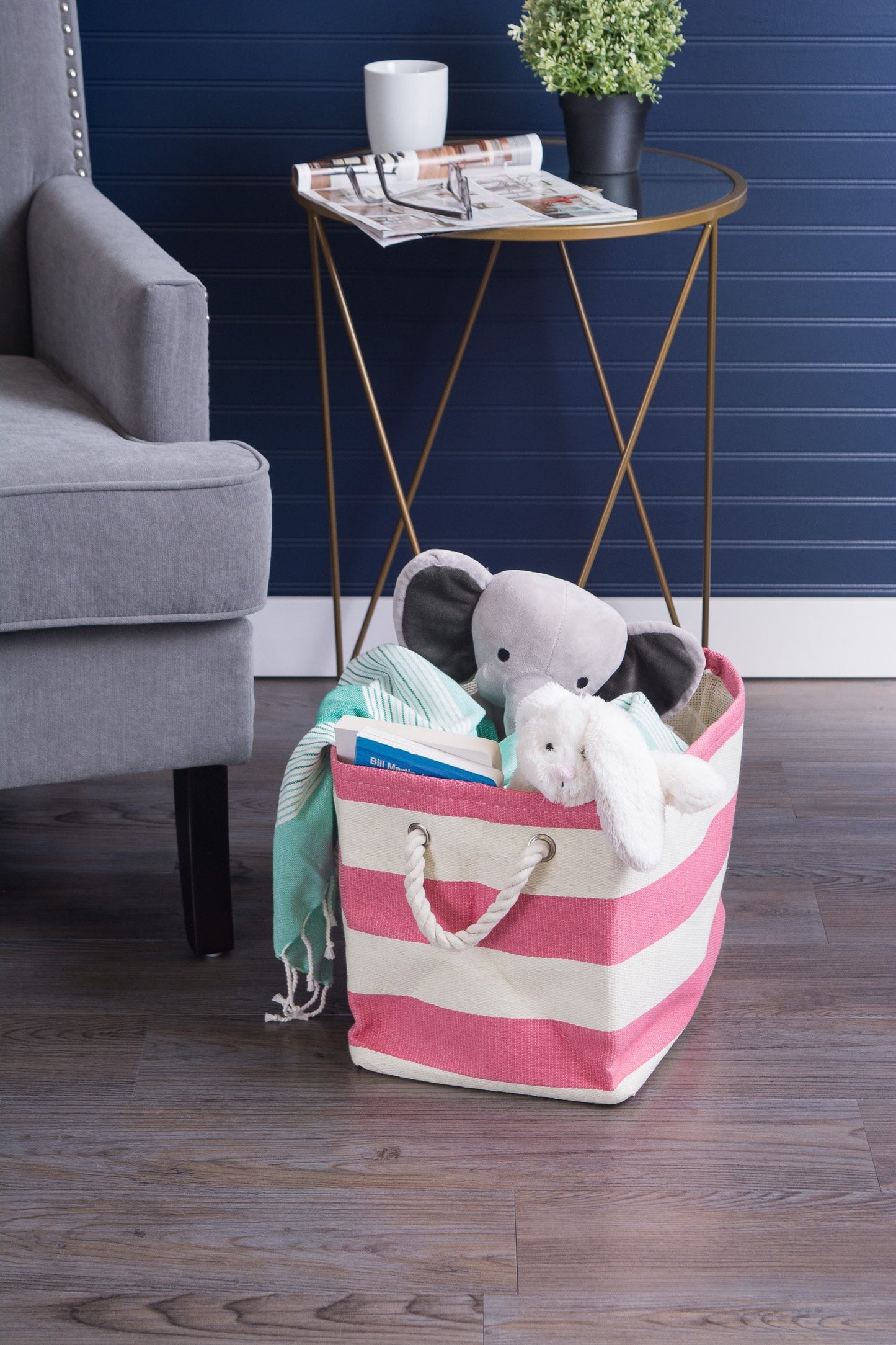 DII Durable Woven Striped Storage Bin Collapsible with Soft Rope Handles Reinforced with Metal