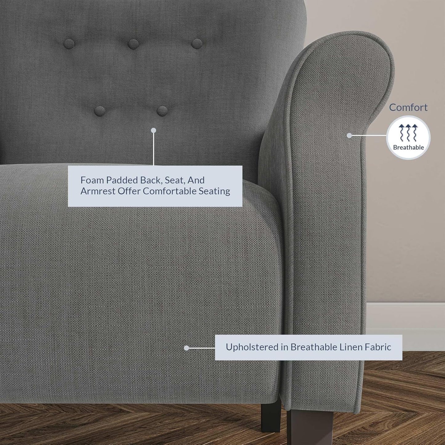 BELLEZE Modern Accent Chair, High Back Armchair, Upholstered Wingback Side Chair, Padded Single Sofa with Wooden Legs for Living Room, Bedroom - Gray