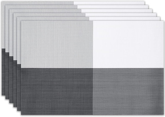 Placemats Set of 6 Washable Indoor/Outdoor Vinyl Place Mats for Dining Table Durable Non-Slip Heat Resistant PVC Weave Table Mats(Black White)