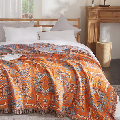 Boho Throw Blanket for Couch Sofa Bed, 100% Cotton Woven Quilt with Tassel 80”x90”, Super Soft Muslin Blanket with Oriental Universe Printed, Decorative Reversible Bed Blanket/Cover for All Seasons