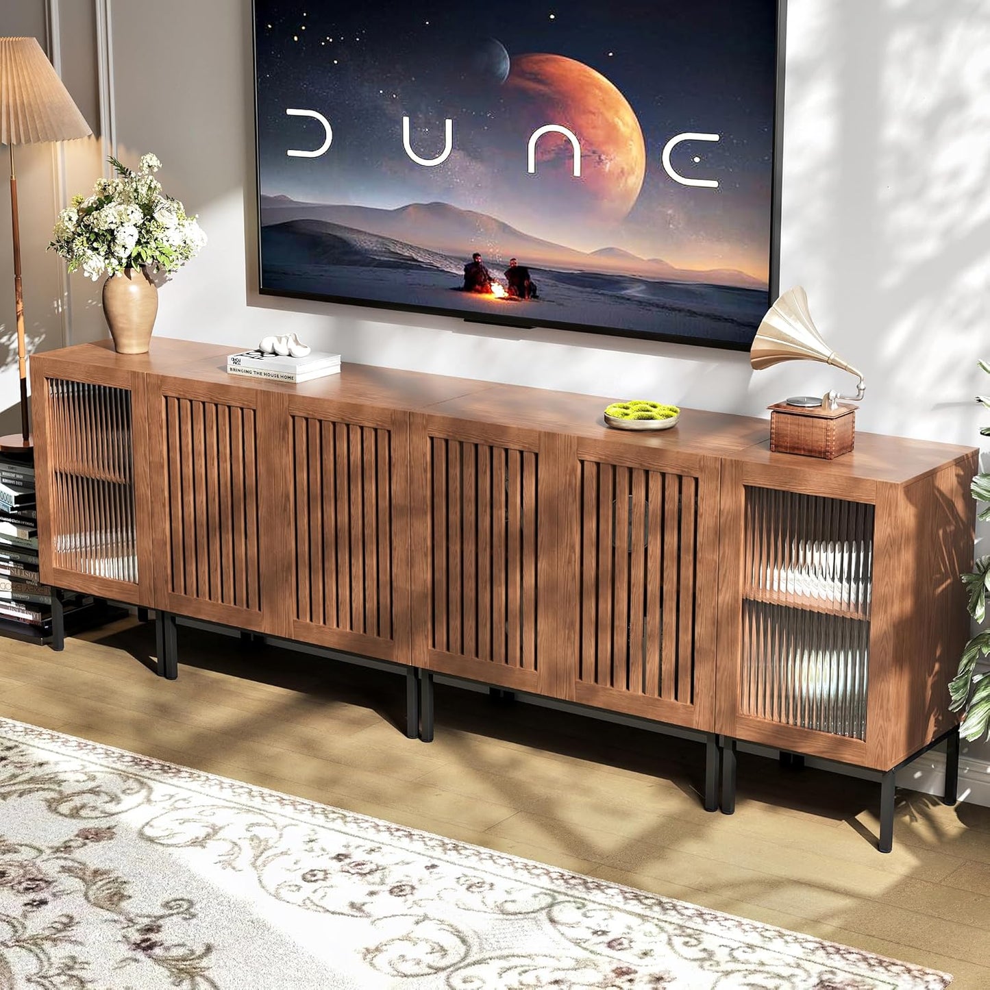 Farmhouse TV Stand for TVs up to 100 Inch, Entertainment Center TV Console with Storage Cabinets and Glass Doors,Media Console for Living Room,Brown