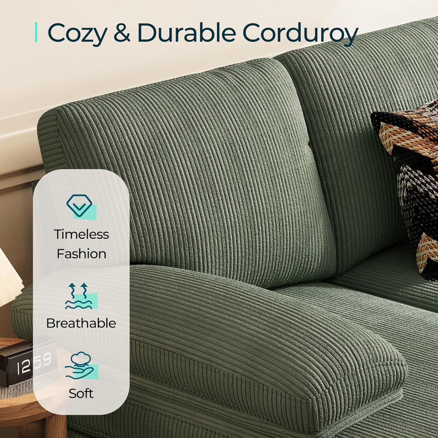 LINSY HOME Sectional Couch, 111'' W Corduroy U Shaped Sofa with Sleepable Armrests, 4 Seat Couch with Double Chaises, Deep Seat Sofa for Living Room, Army Green
