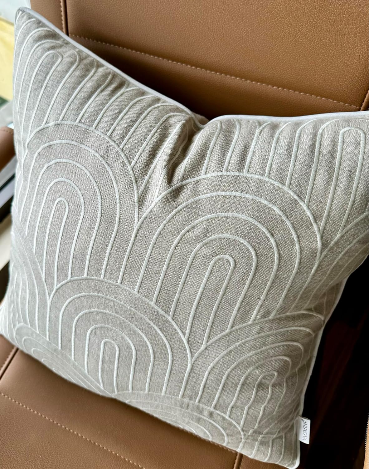 VAGMINE Embroidered Geometric Throw Pillow Cover - 18x18 Inches Square - 100% Linen Natural Decorative Cushion Cover - Elegant Embroidery - Minimalist Accent for Sofa, Bed, Couch, Farmhouse Décor