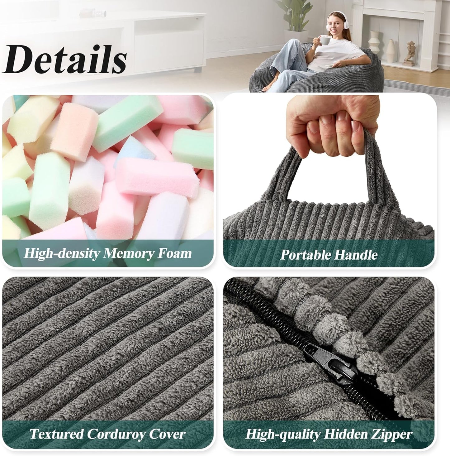 3.5FT Bean Bag Chairs Teardrop Bean Bag Chair for Adults Beanbag Chair with Memory Foam Filled Machine Washable Cover for Living Room, Bedroom (Large,Grey)