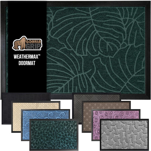 GORILLA GRIP 100% Waterproof All-Season WeatherMax Doormat 35x23, US Designed Natural Rubber, Stain and Fade Resistant, Low Profile Indoor Outdoor Door Mats, Easy Clean Patio Mat, Green Palm