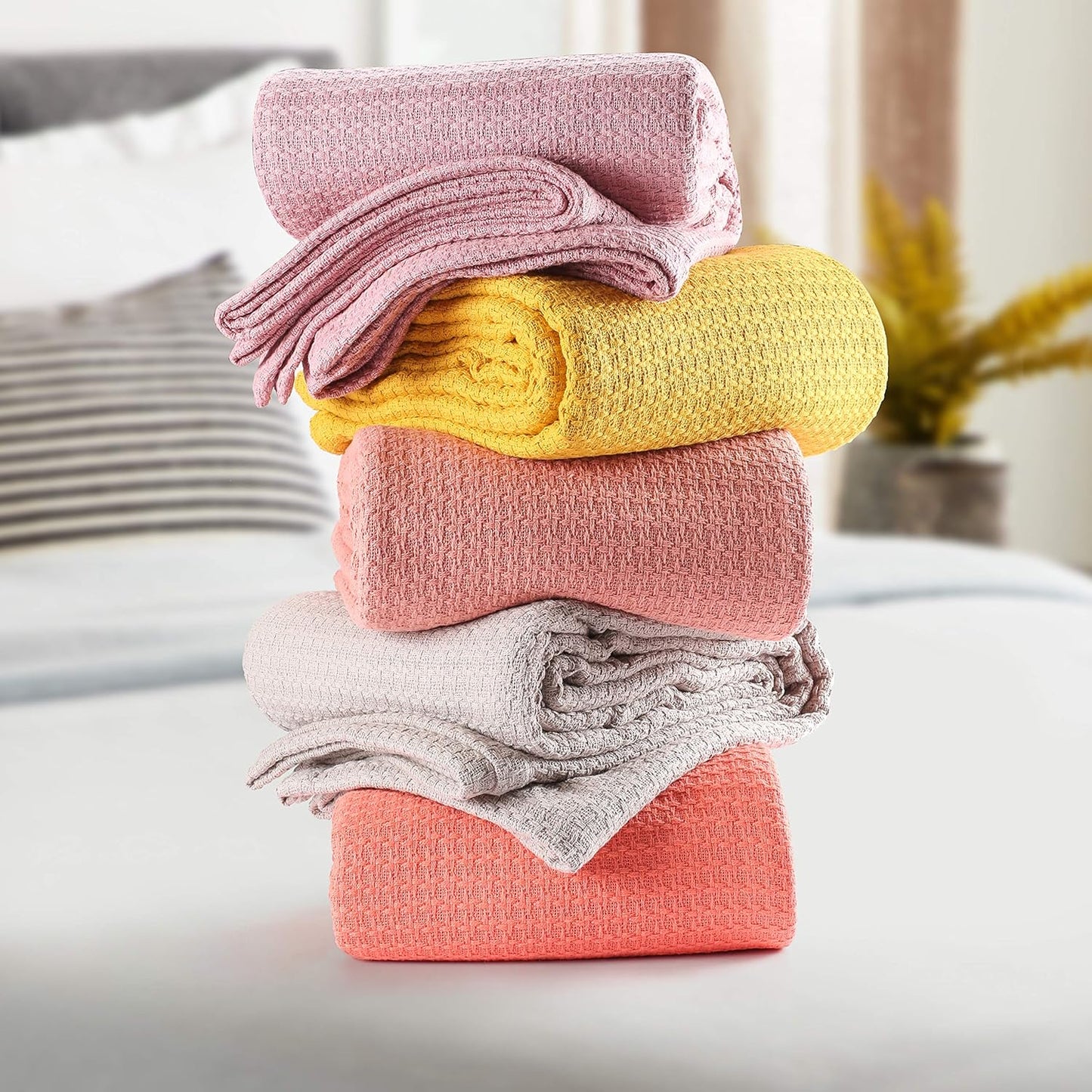 Elvana Home 100% Cotton Bed Blanket, Breathable Bed Blanket King Size, Cotton Thermal Blankets King, Perfect for Layering Any Bed for All Season, Light Blue