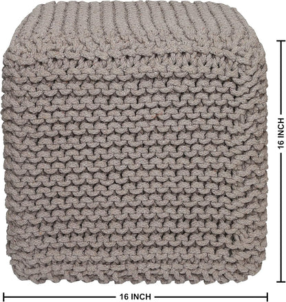 REDEARTH Cube Hand Knitted Pouf - Foot Stool Ottoman - Cord Boho Pouffe - Poof Accent Stuffed Table or Footrest for Living Room - Nursery - Bedroom - Patio - 100% Cotton (16" x 16" x 16") - Taupe