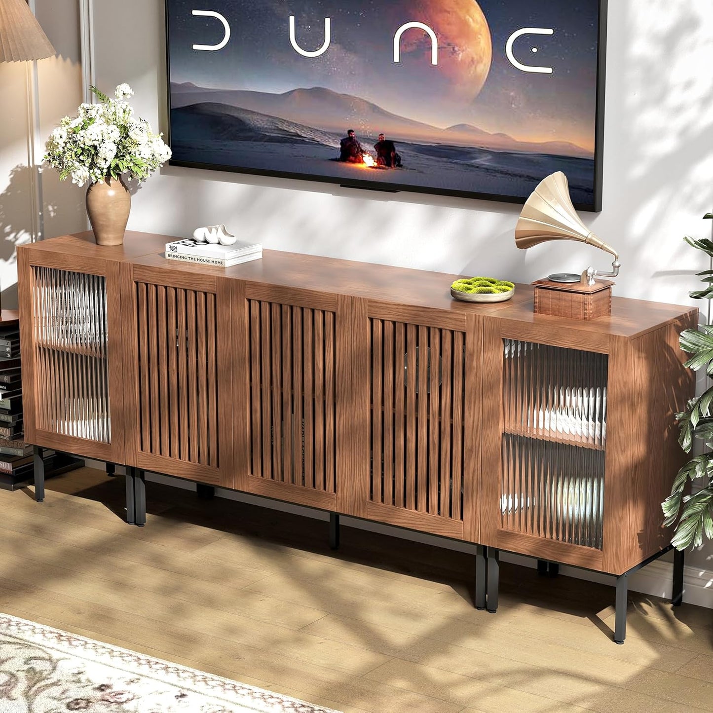 Farmhouse TV Stand for TVs up to 85 Inch, Entertainment Center TV Console with Storage Cabinets and Glass Doors,Media Console for Living Room, Brown