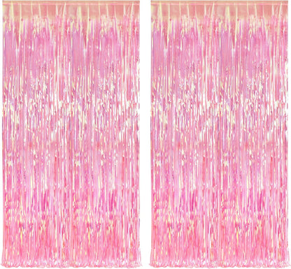 BRAVESHINE Clear Pink Streamers Party Decorations Iridescent Foil Fringe Backdrop - 2 Pack 3.2 x 6.5 ft Holographic Tinsel Curtain Party Photo Backdrop for Valentine’s Girl Birthdays Engagement Decor