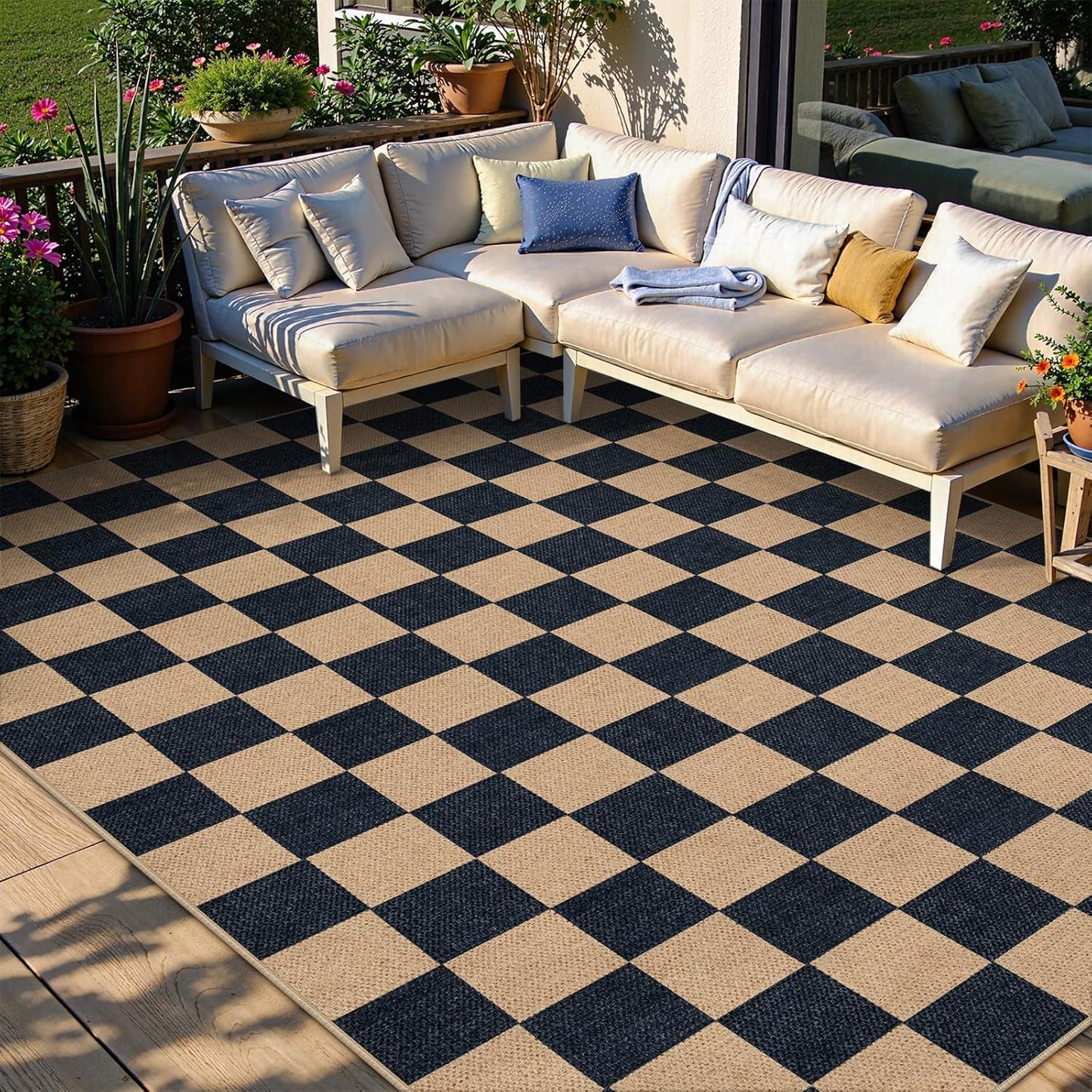 Lahome Checkered Easy Jute Carpet, Washable Area Rug 6x9 Neutral Outdoor Patio Rug, Farmhouse Checkerboard Non Slip Non Shedding Floor Carpet for Dining Living Room Deck Sunroom