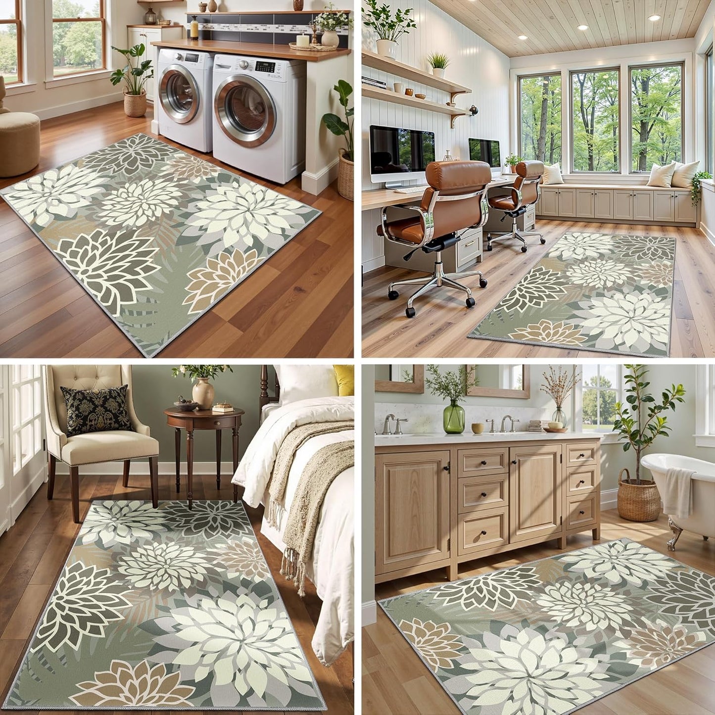 Area Rug 3x5 Brown White Washable Entry Rug Multicolored Tropical Botanical Modern Floral Indoor Kitchen Door Mat Entrance Carpet Non Slip for Bedroom Living Room, Porch