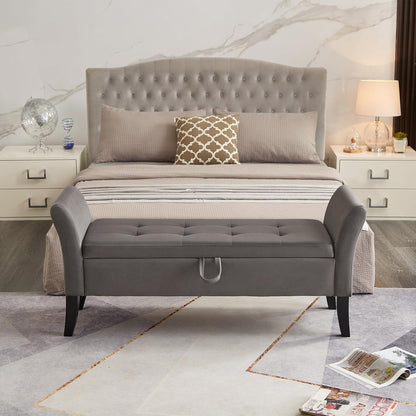 Furniliving 51” Bedroom Bench, End of Bed Bench with Button-Tufted Large Upholstered Storage Bench Ottoman Velvet Window Bench with Storage Shoe Cabinet Bench, for Bedroom, Entryway, Closet, Grey