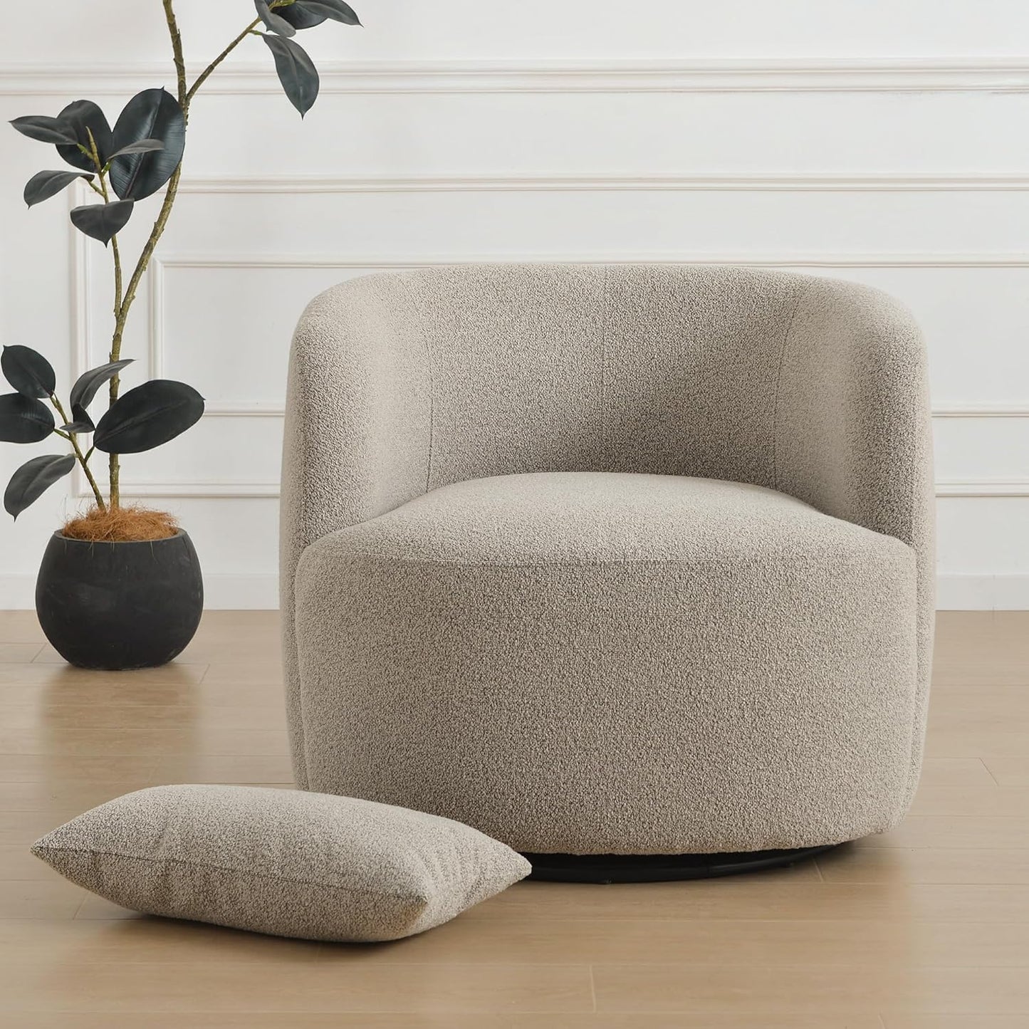 KINWELL 34" Wide 2 Boucle Swivel Barrel Chairs and 2 Ottomans Set, Fully Assembled Sherpa Accent Chairs and Footrest Set, Modern Comfy Armchairs and Footstool for Living Room and Bedroom, Taupe
