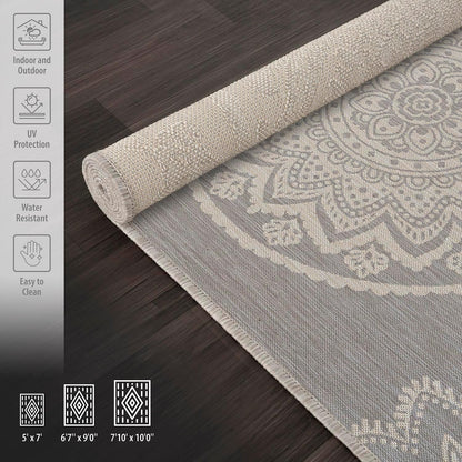 CAMILSON Outdoor Rug 9x12 Modern Area Rugs for Large Indoor and Outdoor Patios and Porches - Waterproof Washable Non-Shedding Easy-to-Clean Outside Carpet (9 x 12, Medallion - Grey/White)