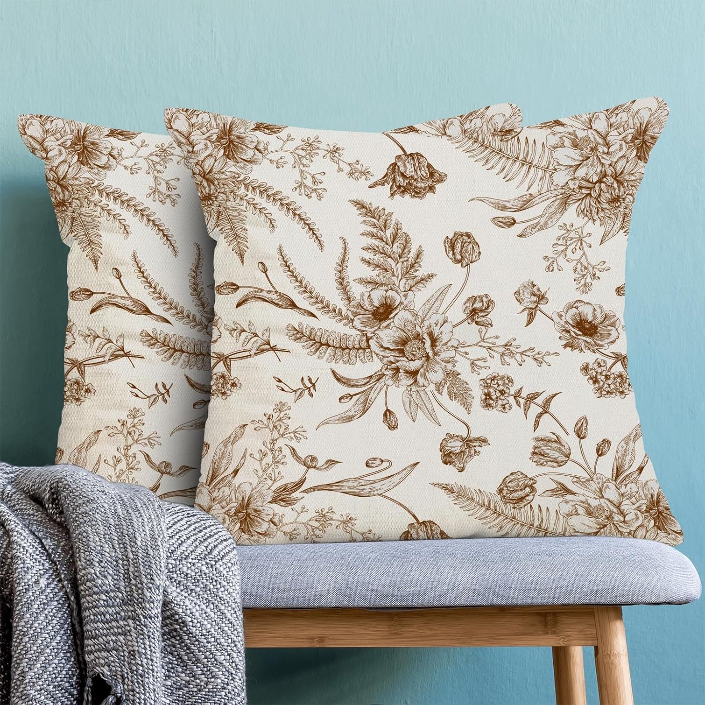 CXMEIFLY Spring Floral Leaves Pillow Covers 16 x 16 Inch Set of 2 for Chinoiserie Flowers Decor Throw Pillows Brown and White Seasonal Plant Outdoor Decorative Cushion Cases for Couch Bed Decorations