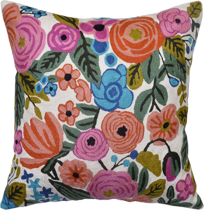 Roses Floral Pillow Cover Flower Farmhouse Chair Cushion Suzani Flowers Pillowcase Boho Florals Accent Throw Pillowsham Wool Hand Embroidered Size 18x18