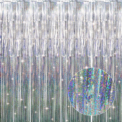 GOER 3.2 ft x 8.2 ft Metallic Tinsel Foil Fringe Curtains Party Photo Backdrop Party Streamers for Birthday,Graduation,New Year Eve Decorations Wedding Decor (4 Packs,Shiny Silver)