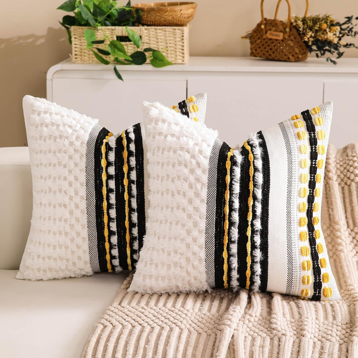 Boho Chenille Tufted Couch Throw Pillow Covers 18x18 Inch Set of 2 Farmhouse Striped Decorative Pillow Covers Accent Neutral Pillowcase Black Yellow Cushion Cover for Living Room Sofa Bed