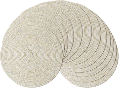 Leetaltree Round Placemats Heat and Slip Resistant Cotton Table Mats, Washable Bohemian Placemats for Dining Tables (White Beige, Set of 12)