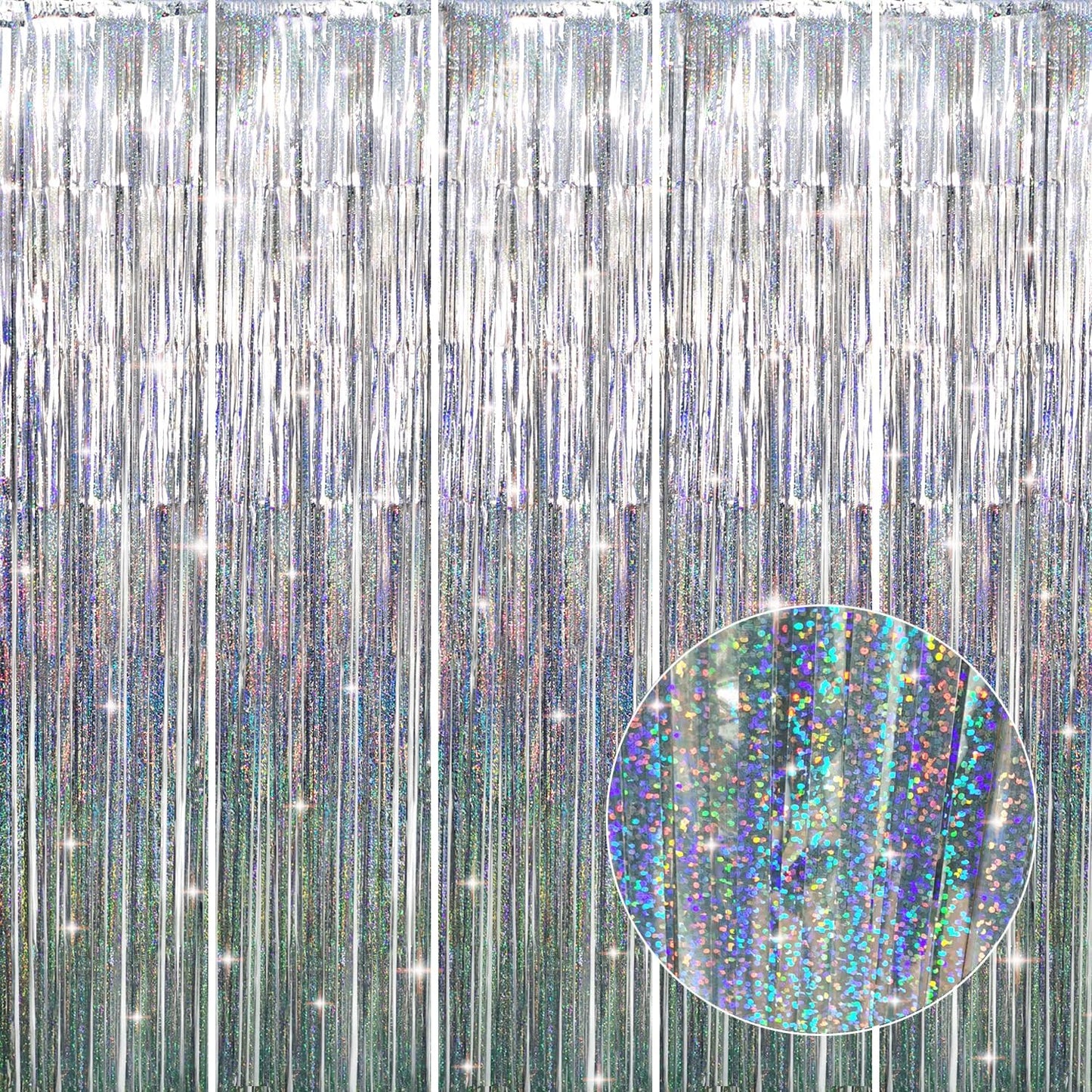 GOER 3.2 ft x 9.8 ft Metallic Tinsel Foil Fringe Curtains Party Photo Backdrop Party Streamers for Birthday,Graduation,New Year Eve Decorations Wedding Decor (5 Packs,Shiny Silver)