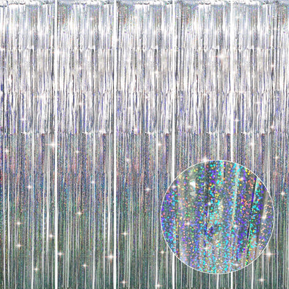 GOER 3.2 ft x 9.8 ft Metallic Tinsel Foil Fringe Curtains Party Photo Backdrop Party Streamers for Birthday,Graduation,New Year Eve Decorations Wedding Decor (5 Packs,Shiny Silver)