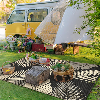 GENIMO Outdoor Rug 5' x 8' Waterproof for Patios Clearance, Reversible Outdoor Plastic Straw Camping Rug Carpet, Large Area Rugs Mats for RV, Picnic, Backyard, Deck, Balcony, Porch, Beach, Black&Beige