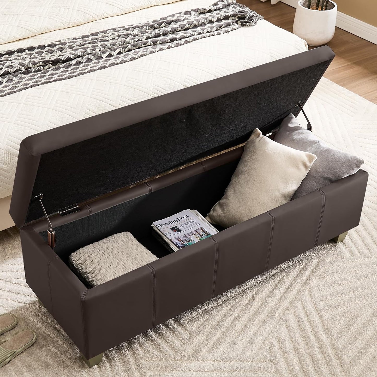 41" Faux Leather Storage Ottoman, Stitch Tufted Rectangle Upholstered End of Bed Storage Bench, Entryway Large Couch Ottoman with Wooden Legs,Brown