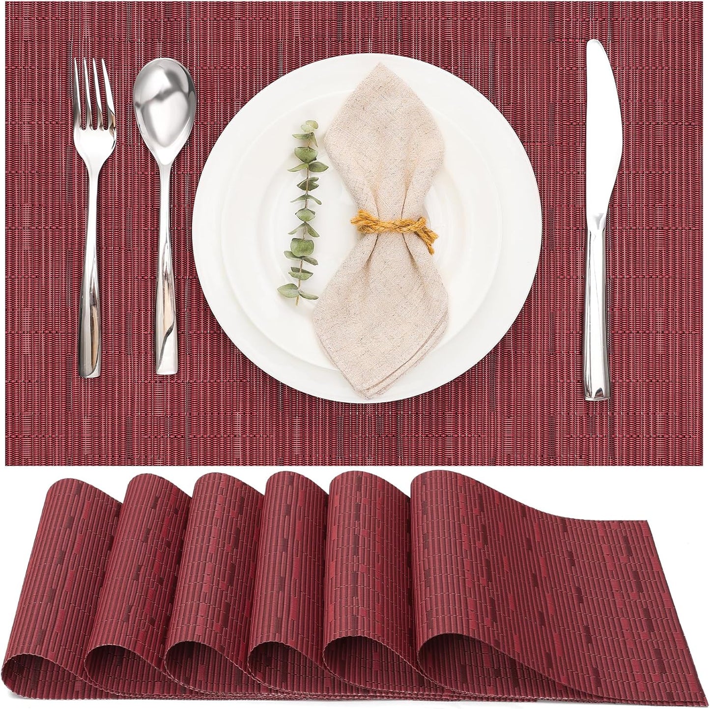 Myir JUN Placemats Set of 6, Vinyl Woven Placemats Place Mats Indoor Washable Table Mats Non-Slip Place mats for Dining Table (Red, Set of 6)