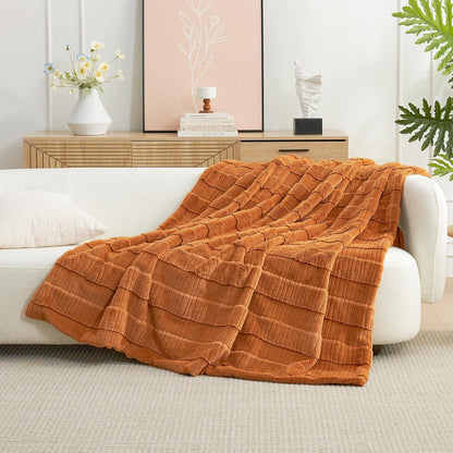 Amélie Home Luxury Striped Faux Fur Throw Blanket for Couch, Embossed Split Fur Cozy Fuzzy Fluffy Luxurious Soft Plush Sofa Chair Bed Gift Blankets for Women Men Wife Friend, 60"x80", Brown