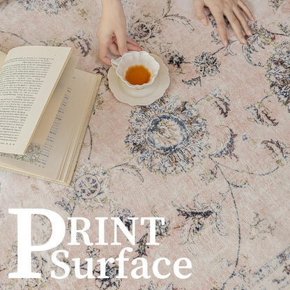 4'x4' Vintage Floral Rug - Persian Inspired Low-Pile Faux Wool Area Rug, Non-Slip Washable Round Rug for Bedroom, Nursery, Dorm, Soft Pink Boho Chic Decor