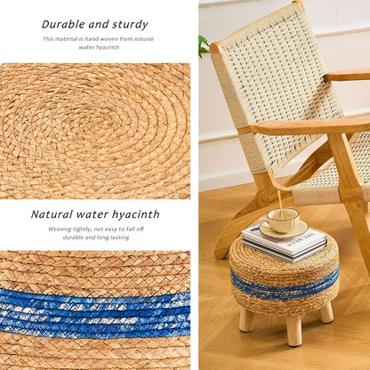 Handwoven Round Ottoman, Natural Water Hyacinth Outdoor Patio Pouf Seagrass Low Stool with Wood Legs, Soft Padded Footrest for Living Room Bedroom Garden, Blue