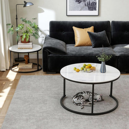 Modern White Coffee Table Set of 2 - Sintered Stone Top & Sturdy Metal Base, fo Living Room Bedroom Apartment