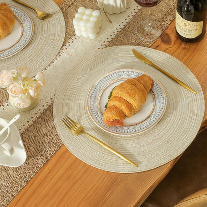 Leetaltree Round Placemats Heat and Slip Resistant Cotton Table Mats, Washable Bohemian Placemats for Dining Tables (White Beige, Set of 12)