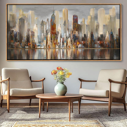 Mofutinpo Abstract Modern Canvas Wall Art for Living Room Cityscape New York Wall Decor City Theme Paintings Brown Framed Pictures Office Artwork Wall Decor Bedroom Above Bed