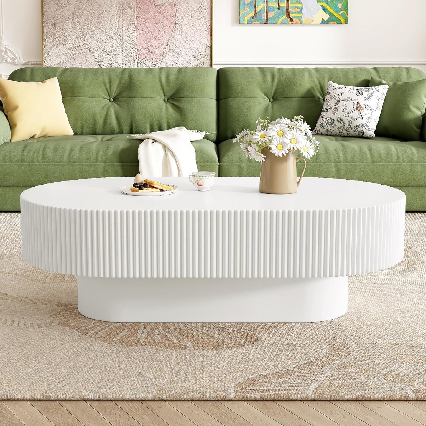 43.3" Oval Fluted Coffee Table Modern Elegant Drum End Table, Minimalist Center Table 7.8" Thick Tabletop with Sturdy Base for Living Room, Bedroom, Apartment,Easy Assembly, White