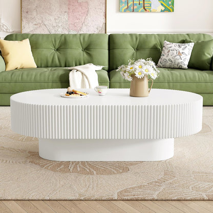 43.3" Oval Fluted Coffee Table Modern Elegant Drum End Table, Minimalist Center Table 7.8" Thick Tabletop with Sturdy Base for Living Room, Bedroom, Apartment,Easy Assembly, White