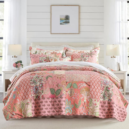NEWLAKE Cotton Patchwork Bedspread, 3-Piece Bedding Quilt Set with Real Stitched Embroidery, Reversible Matelasse Bed Coverlet Set,Bohemian Floral, Queen Size