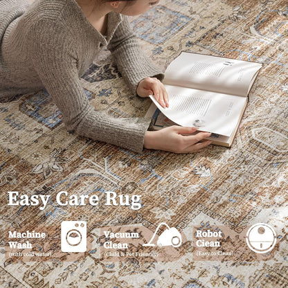 6'x9' Area Rug - Vintage Persian Medallion Design Low-Pile Faux Wool Rug, Non-Slip Backing, Machine Washable, for Living Room, Dining Room, Bedroom (Brick Red)