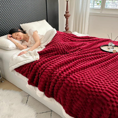 UKELER Sherpa Bed Blanket 80 × 90 inch, Ultra Soft Queen Size Throw Blanket for All Season, 470 GSM Cozy Plush Striped Fleece Blankets for Bedroom Living Room Dorm Hostel Sofa Camping, Red