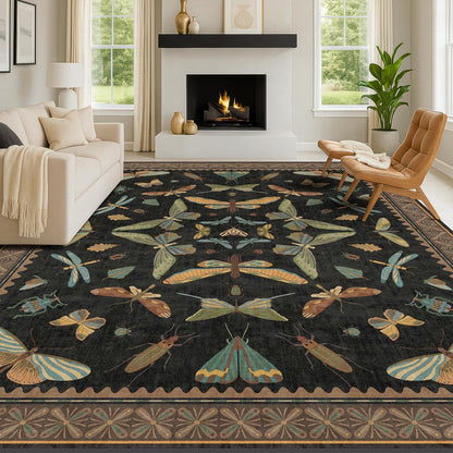 Black Washable Insect Area Rugs 8x10 - Bug, Dragonfly, Bee, Moth, Butterfly Print Rugs for Living Room, Bedroom, Dining Room Under Table, Playroom, Dark Whimscal Boho Carpet, Soft & Non Slip